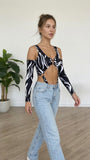 Bikini Style Bodysuit with ring long - black & white print