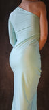 One shoulder elegant dress with shorts - blue-green shine