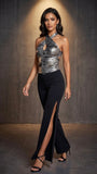 Elegant Jumpsuit Cross split - Silver & black