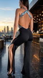 Elegant Jumpsuit Cross split - Silver & black