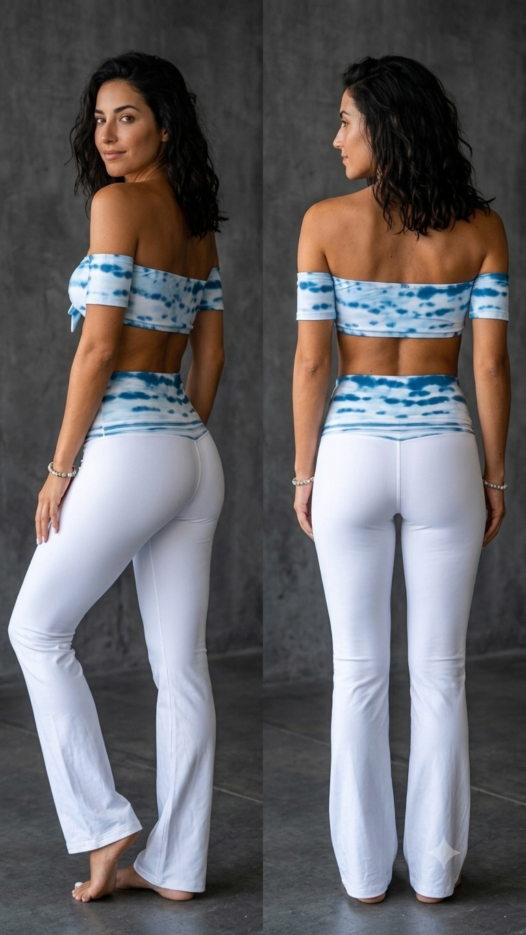 Set Charmosa Bell-trousers Lines - White & white&blue dyeing